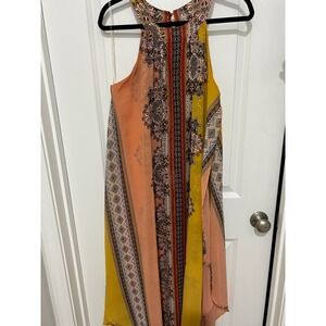 VERSONA Womens Size L Halter Neck Dress Boho Geometric Print Orange Yellow